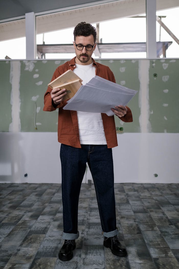 Architect examining floor plans and wood samples on a construction site indoors.